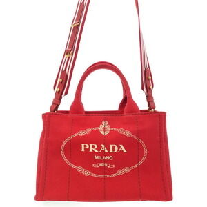 Prada Canapa Tote canvas handbag top handles 2way Red